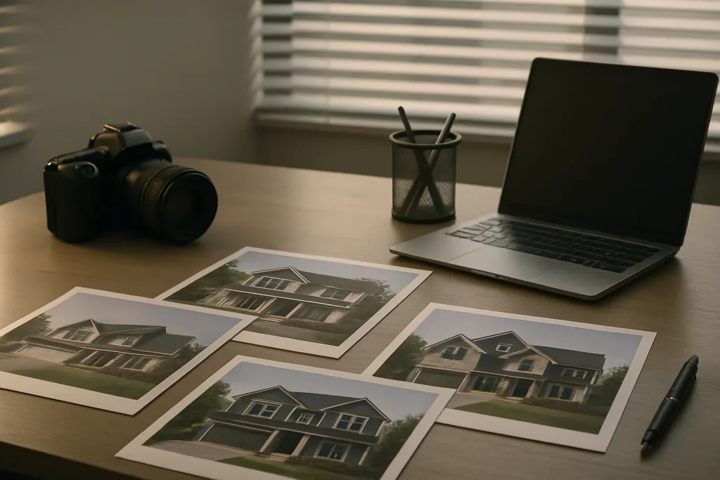 Ein Tisch mit Fotos eines Hauses, Kamera, Laptop, Stift und Becher mit Stiften vor einer Fensterjalousie. Arbeits- oder Planungsszene.