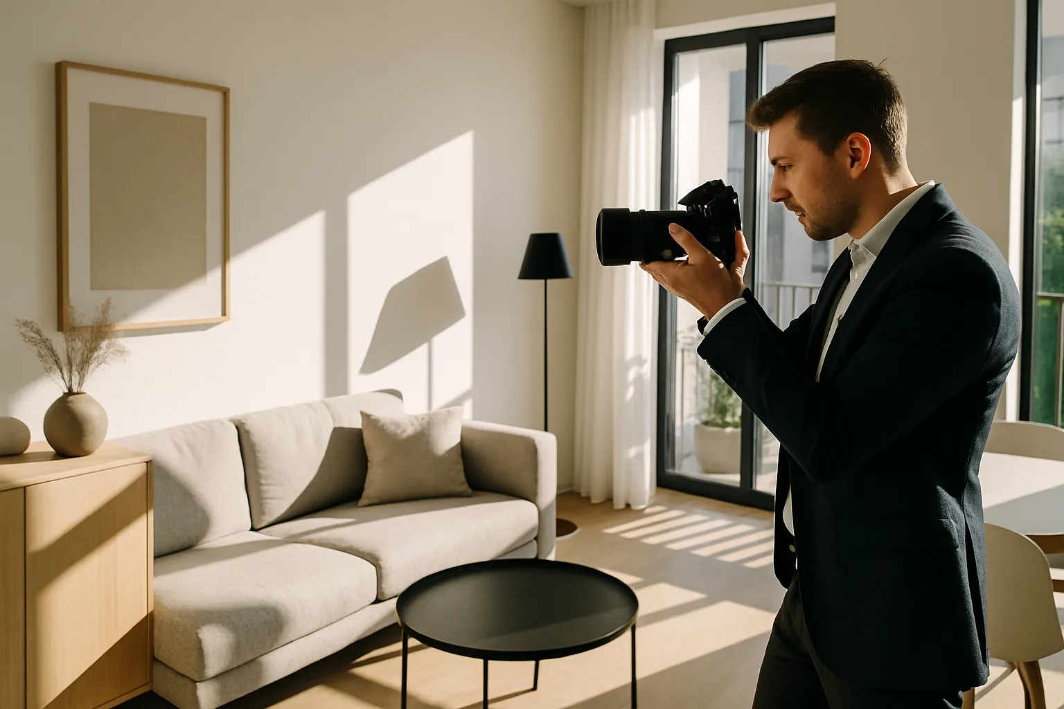 Ein Mann in Anzug fotografiert in einem hellen Wohnzimmer mit Sofa, Tisch und großen Fenstern. Es ist Tag, draußen ist Sonne.