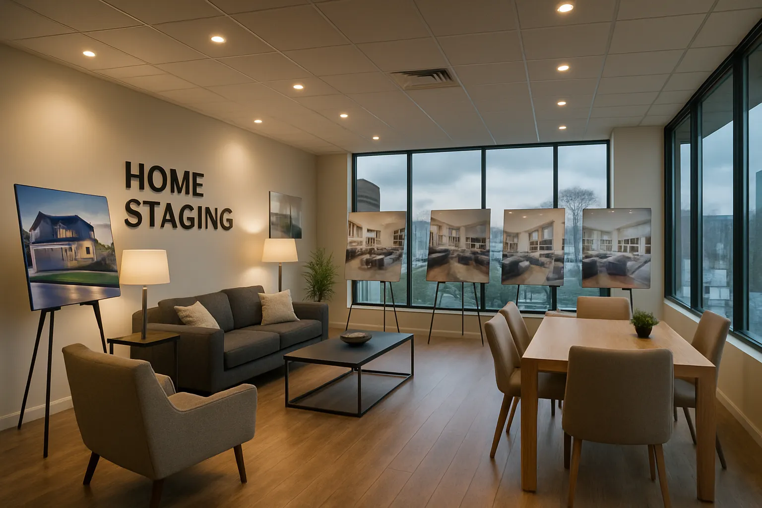 Ein modernes Immobilienbüro mit Sitzbereich, Fotos von Häusern an der Wand und großen Fenstern, zeigt die Raumgestaltung.