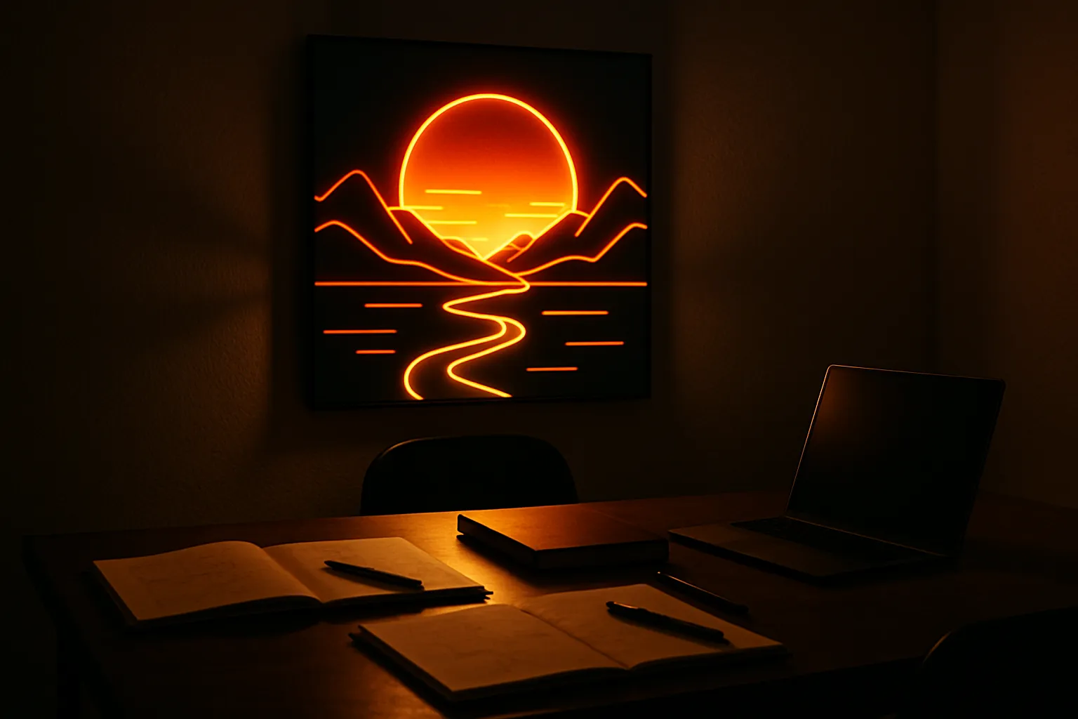 Neonbild an der Wand zeigt Sonnenuntergang über Bergen und Fluss, beleuchtet dunklen Schreibtisch mit Laptop, Notizbüchern und Stiften.