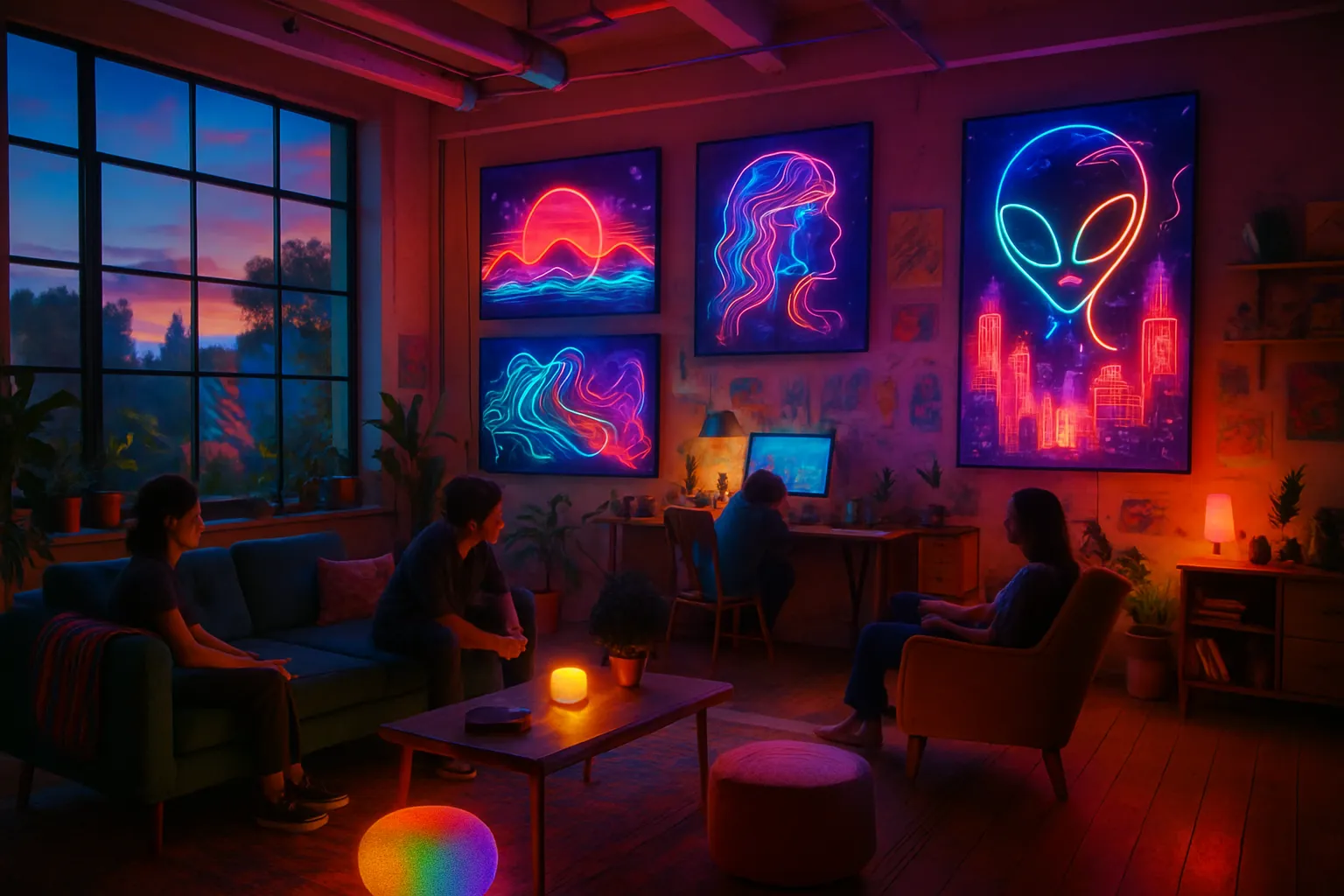 Vier Personen sitzen in einem dunklen Raum mit bunten Neon-Kunstwerken an der Wand, während draußen die Abendsonne untergeht.