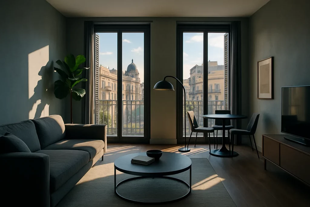 Ein helles Wohnzimmer mit großer Fensterfront, Sofa, Couchtisch, Essenstisch, TV und Pflanzen, Sonnenlicht fällt durch die Fenster.