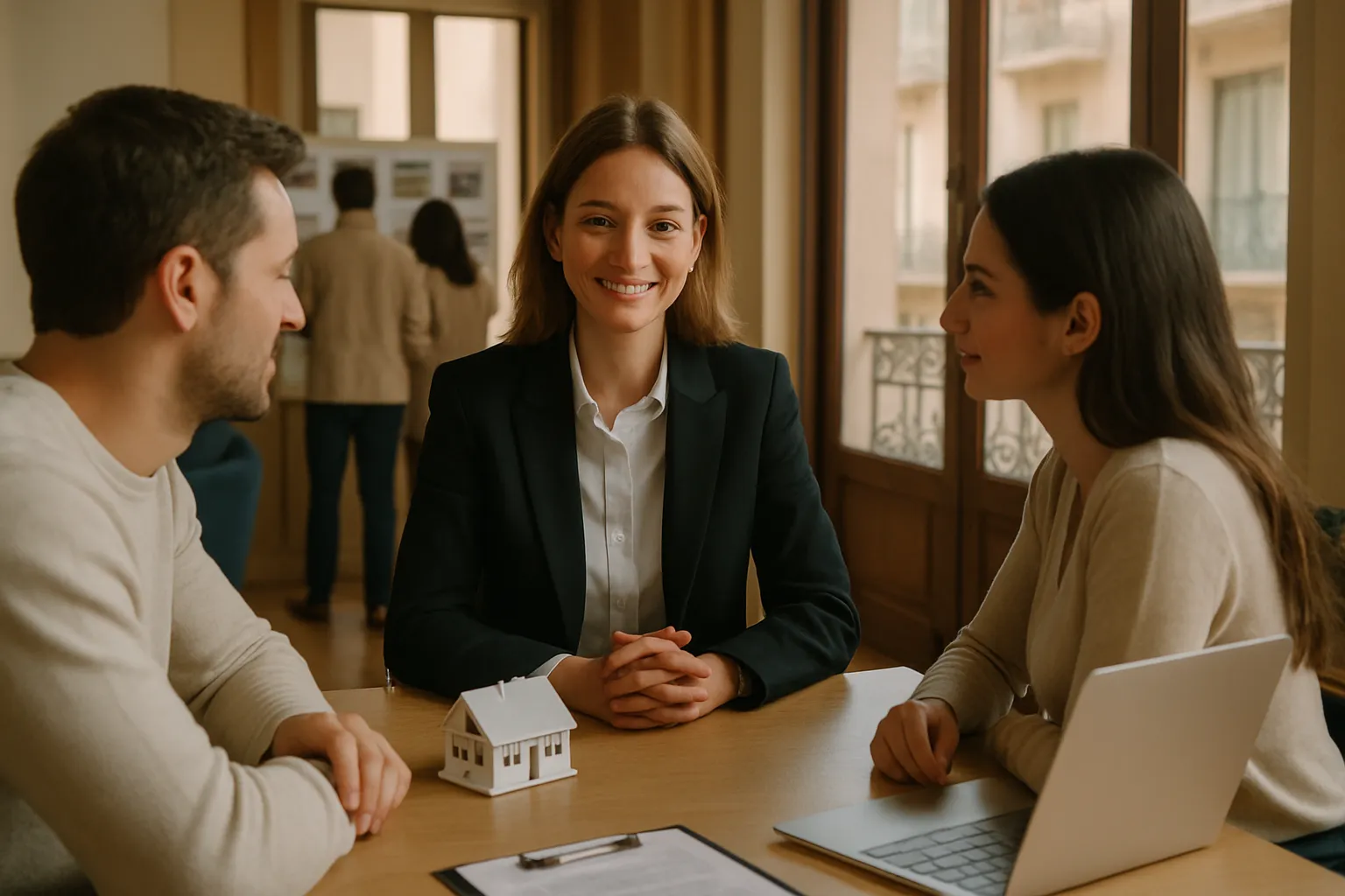 Drei Menschen sitzen am Tisch in einem Raum mit Holzfenstern. Eine Frau in schwarzer Jacke spricht, die anderen hören zu. Es sieht nach einem Gespräch aus.