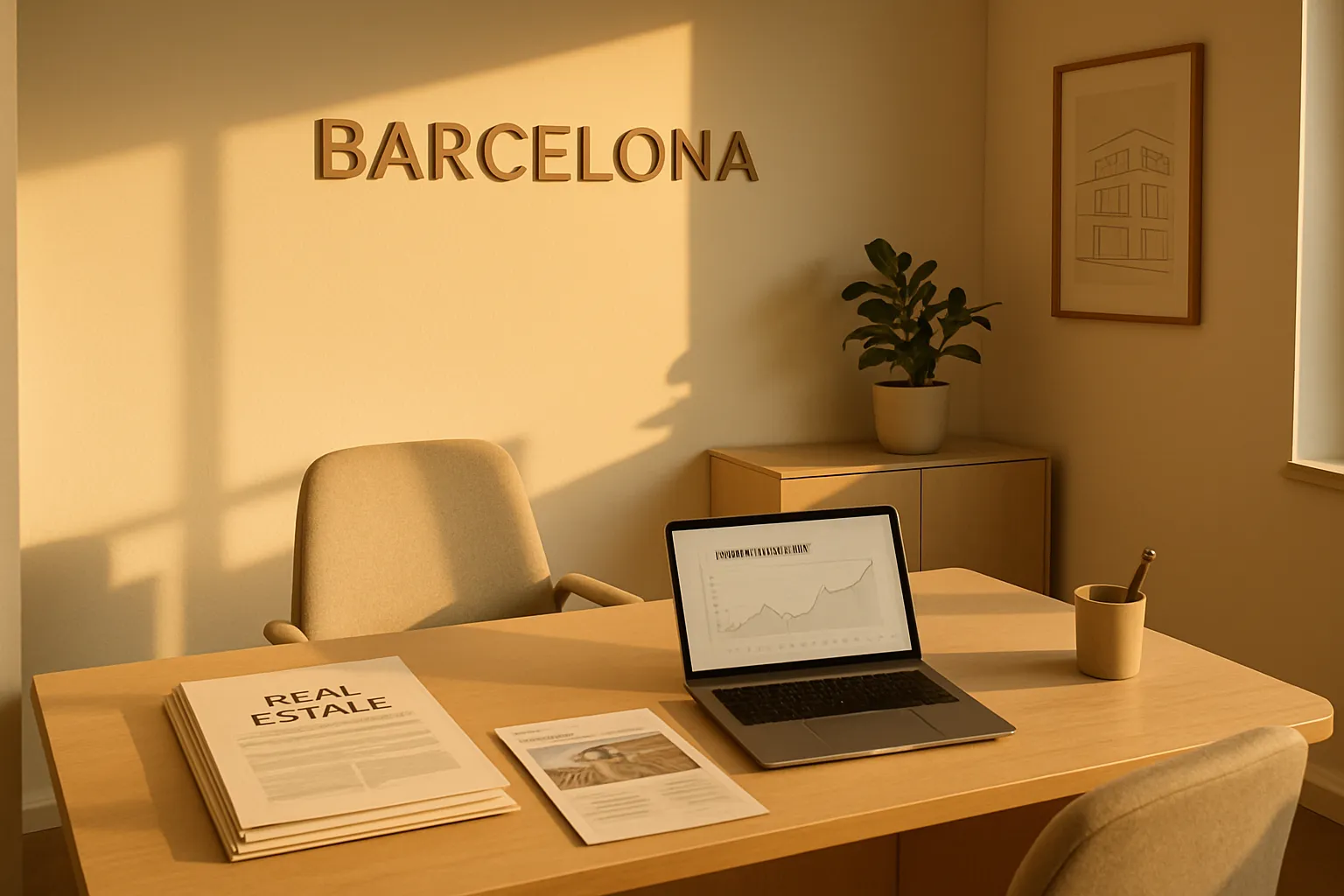 Ein Büro in Barcelona mit einem Tisch, Laptop, Stift, Blatt Papier, Karton, Pflanze und Rahmen, alles im warmen Sonnenlicht.