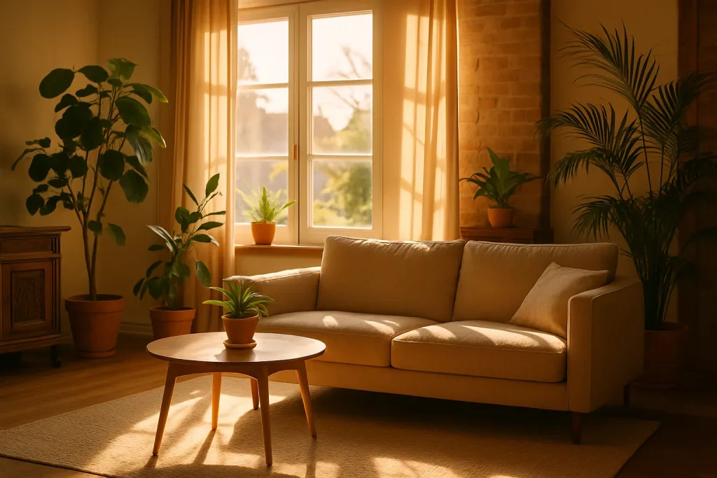 Sonniges Wohnzimmer mit hellbeigem Sofa, Holzrunde Tisch, mehreren Topfpflanzen, großen Fenstern und warmen, goldenen Vorhängen.