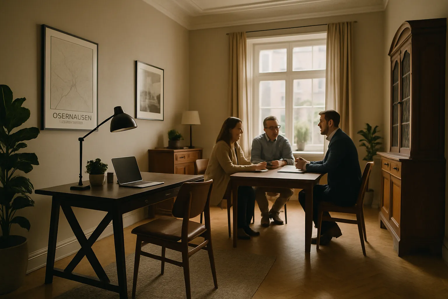 Drei Personen sitzen im Gespräch an einem Tisch in einem hellen Wohnzimmer mit großen Fenstern, Pflanzen und Bildern an der Wand.