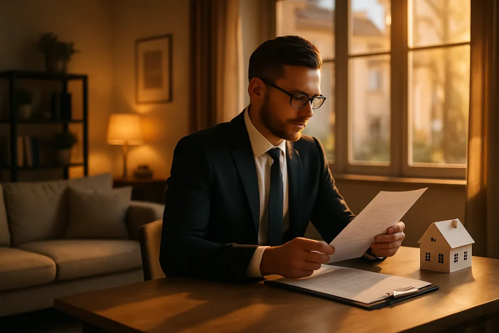 Ein Mann in Anzug liest bei Tageslicht in einem Wohnzimmer, neben einem kleinen Haus-Modell auf dem Tisch.