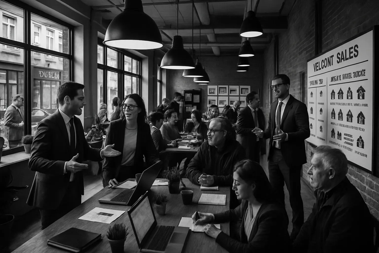 Geschäftsleute beim Meeting in einem modernen Büro mit großen Fenstern, Schreibtischen, Laptops und einer Wand mit einem Verkaufsplan.