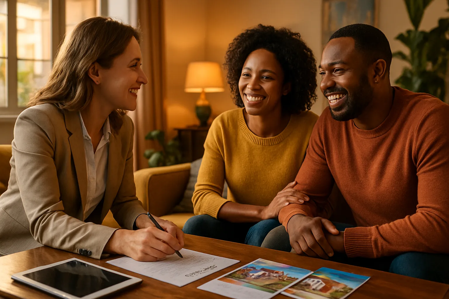 Drei Menschen sitzen an einem Tisch in einem gemütlichen Raum, lachen und sprechen, während die Frau links einen Vertrag unterschreibt.