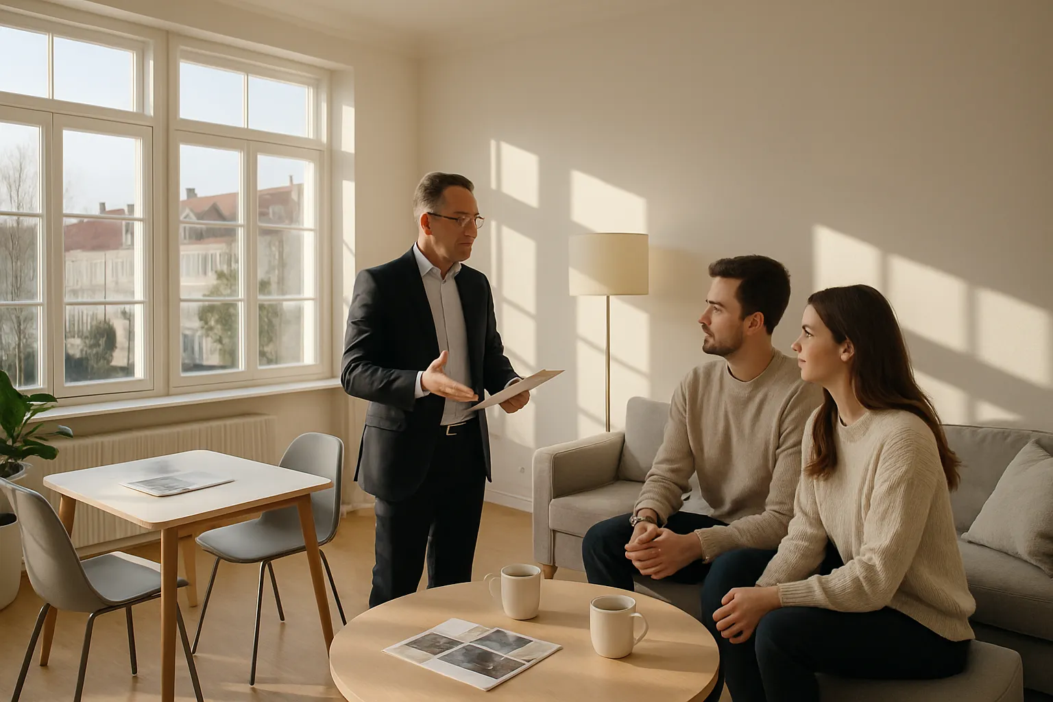 Ein Mann im Anzug spricht mit einem Paar im Wohnzimmer. Die Sonne scheint durch große Fenster, es gibt einen Tisch mit Kaffeetassen.