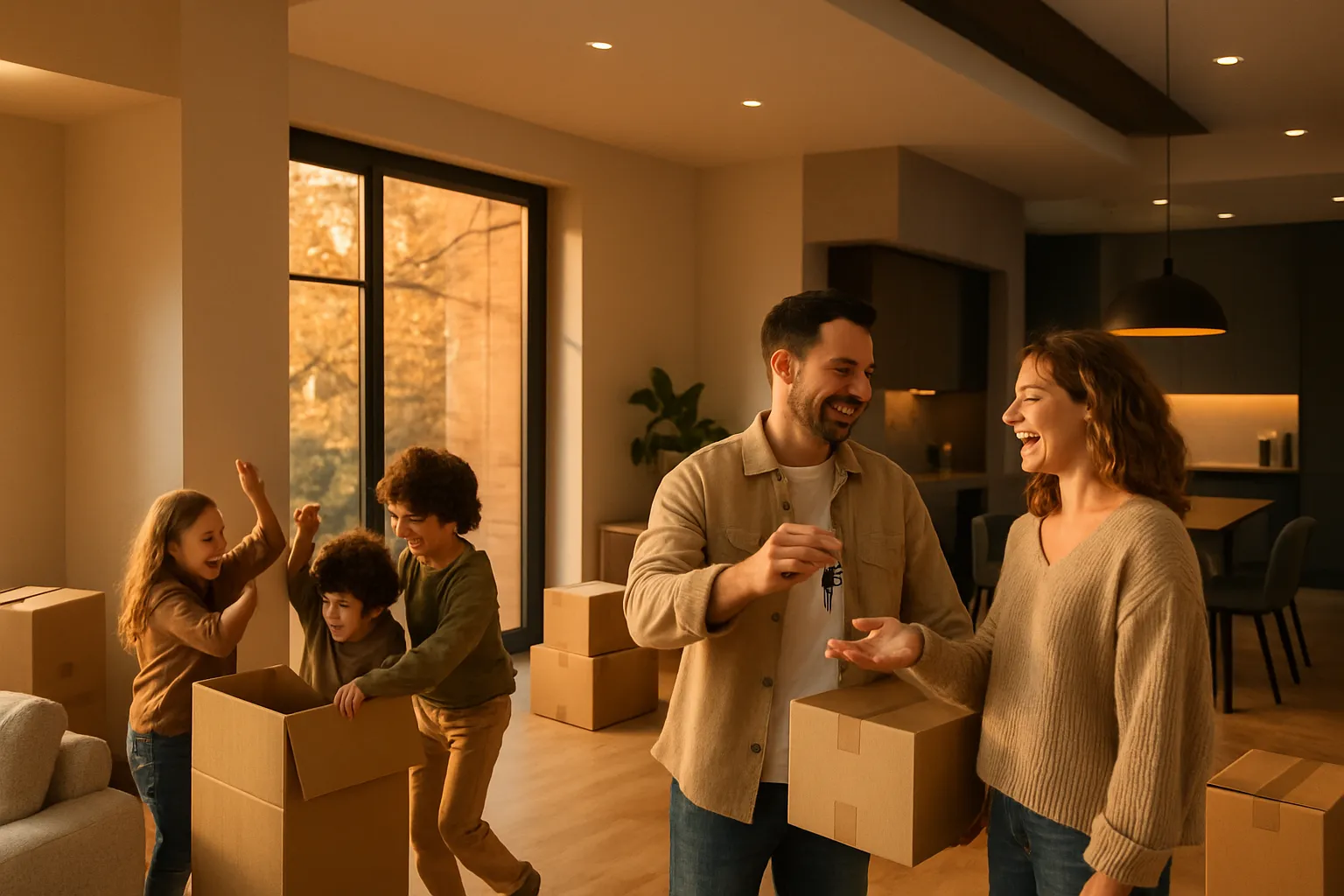 Vier Menschen, eine Familie, freut sich in einer Wohnung beim Umzug. Erwachsene packen, Kinder spielen und lachen. Goldene Herbstfarben draußen.