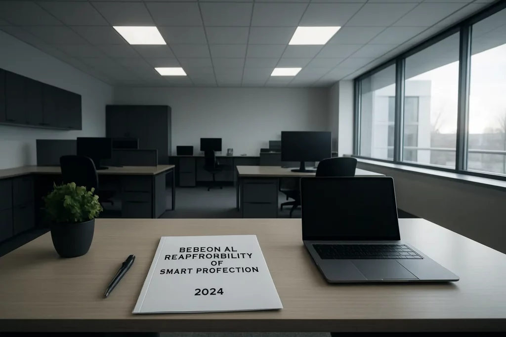 Leerer Büroarbeitsplatz mit Laptop, Papiersammlung, Stift und Pflanze. Im Hintergrund weitere Schreibtische und große Fenster.