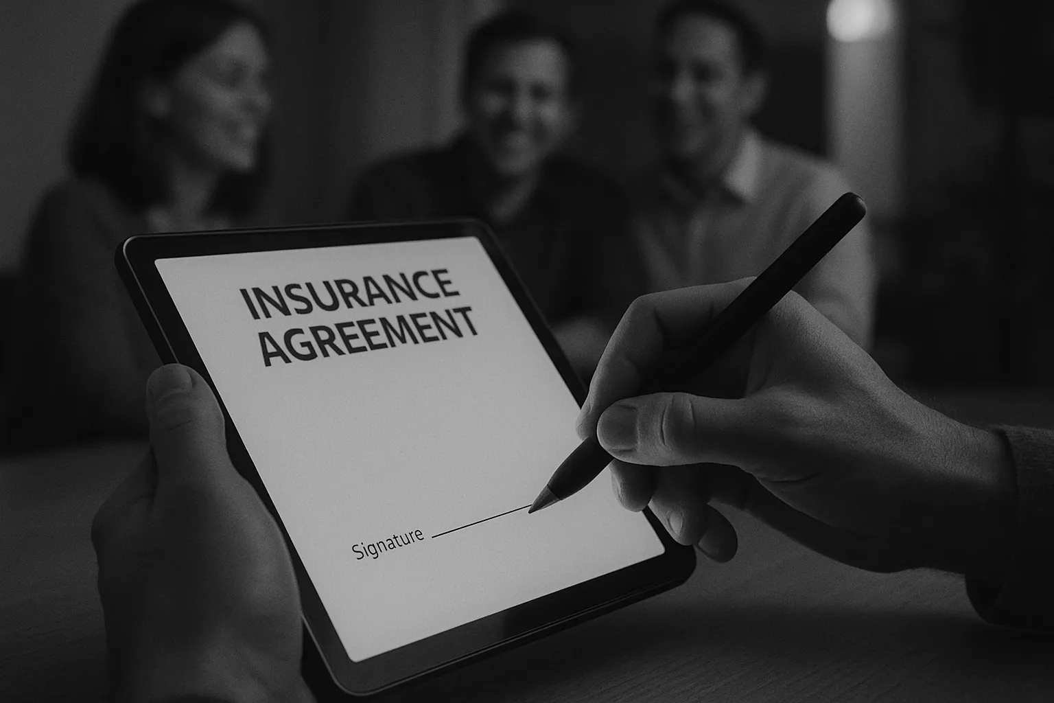 Hand hält Stift und unterschreibt Versicherungsvertrag auf Tablet, im Hintergrund sitzen drei Menschen, die zuschauen. Schwarz-Weiß-Foto.