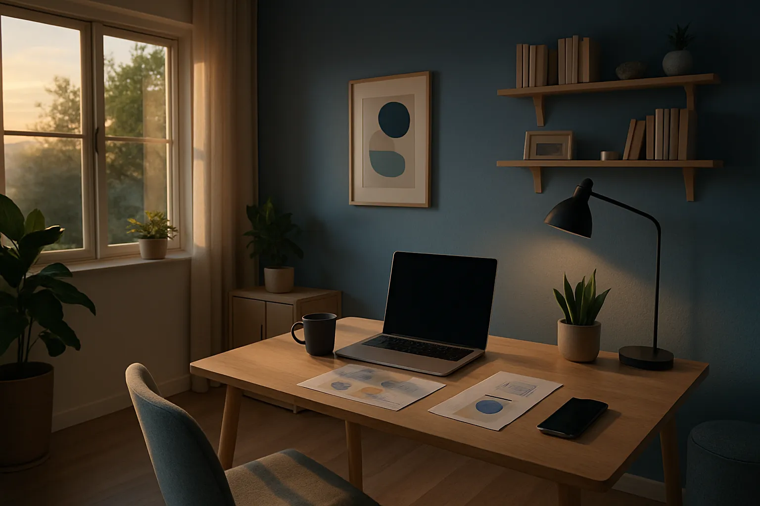 Ein ruhiges Arbeitszimmer mit einem Laptop, Tischlampe, Pflanzen, Bilder und Fenster, durch die Sonnenlicht scheint.