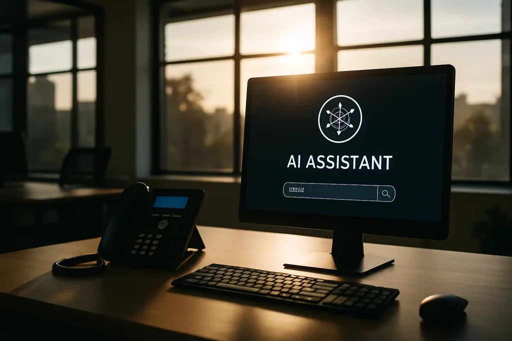 Ein Arbeitsplatz im Büro mit einem Computer, der "AI Assistant" zeigt, und einem Telefon, bei Sonnenlicht im Hintergrund.