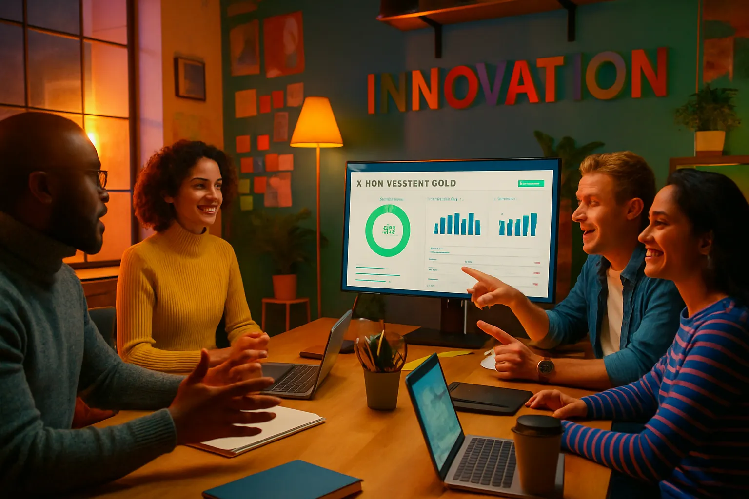 Fünf Menschen diskutieren in einem modernen Büro. Sie lachen, schauen auf einen Bildschirm mit Diagrammen und stehen vor einem "INNOVATION"-Schild.