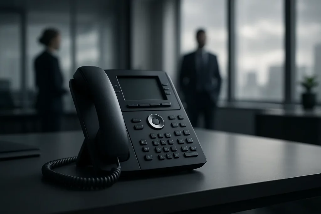 Ein schwarzes Telefondisplay auf einem Büro-Schreibtisch, im Hintergrund sind zwei verschwommene Personen in Business-Kleidung vor großen Fenstern.