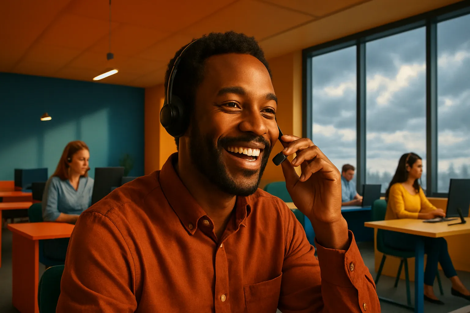 Ein lächelnder Mann mit Headset sitzt in einem modernen Büro. Im Hintergrund arbeiten Menschen an Computern, große Fenster zeigen den Himmel.