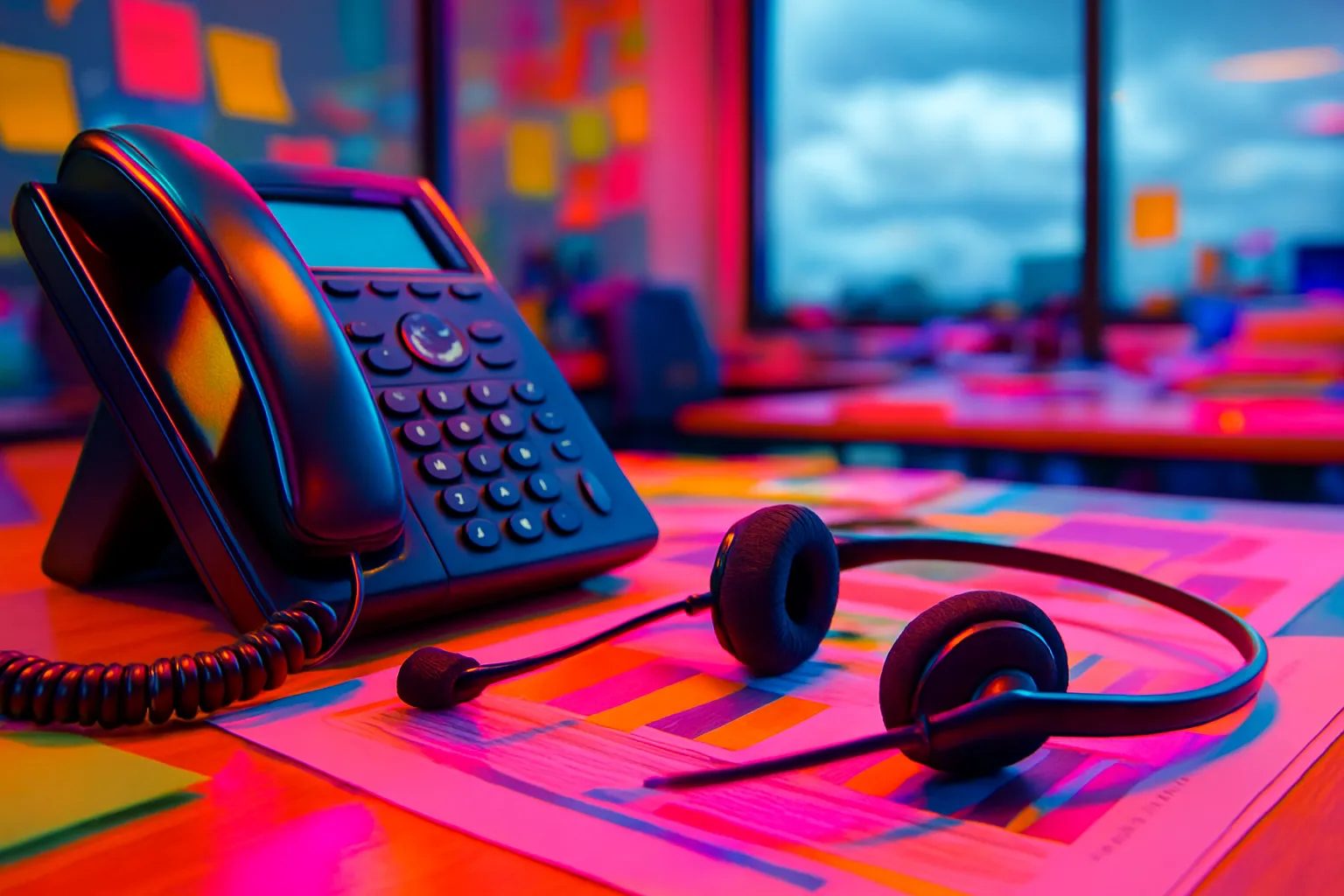 Ein Büro mit einem schwarzen Telefon und Kopfhörern auf buntem Papier, im Hintergrund Fenster mit Blick auf eine Stadt bei Abendlicht.