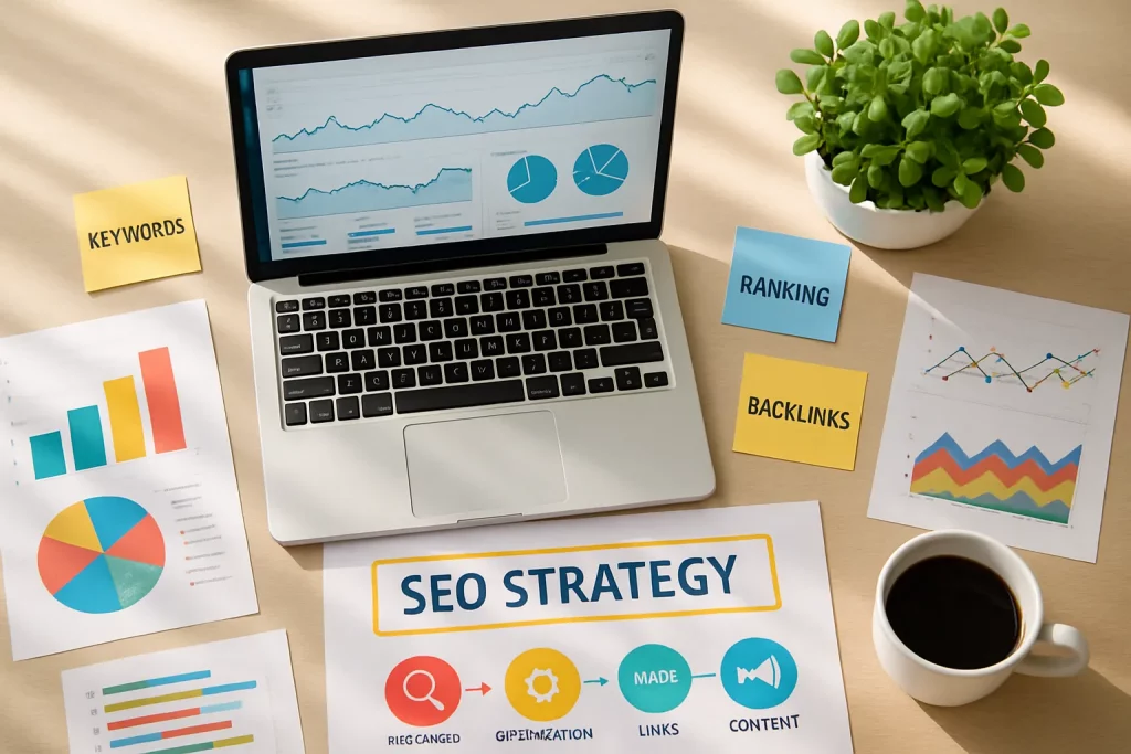 Ein Schreibtisch mit Laptop, Diagrammen, Post-its, Kaffeetasse, und einer Pflanze, alles zum Thema SEO-Strategie und Rankings.