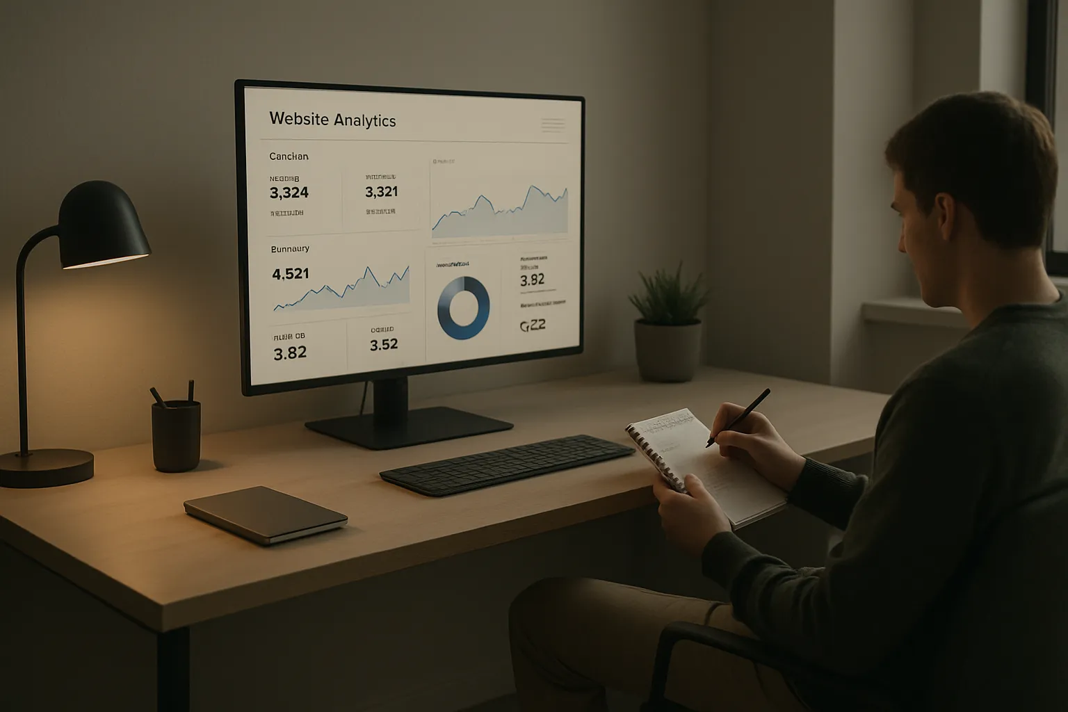 Junge Person arbeitet an Schreibtisch mit Computer, schreibt im Notizbuch, neben Lampe, Pflanzen und Tablet. Abendlicht im Raum.