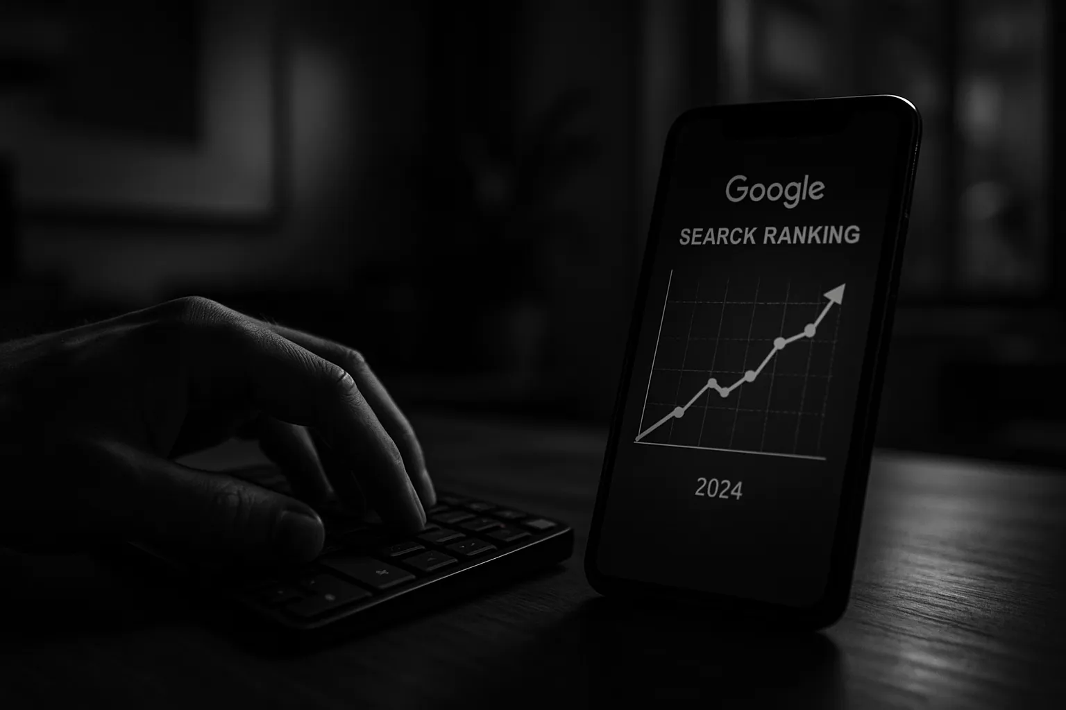Ein Hand tippt auf eine Tastatur, daneben ein Smartphone zeigt ein Diagramm mit steigendem Verlauf und den Text "SEARCH RANKING 2024".