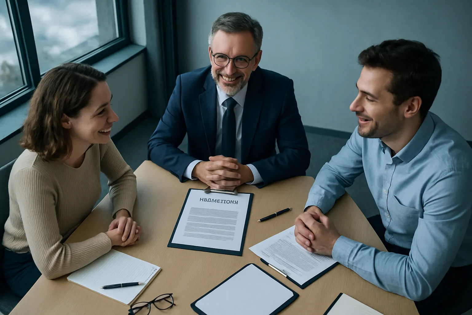 Drei Menschen sitzen bei einem Gespräch an einem Tisch, lächeln und schauen sich freundlich an, vor ihnen liegen Dokumente und Stifte.