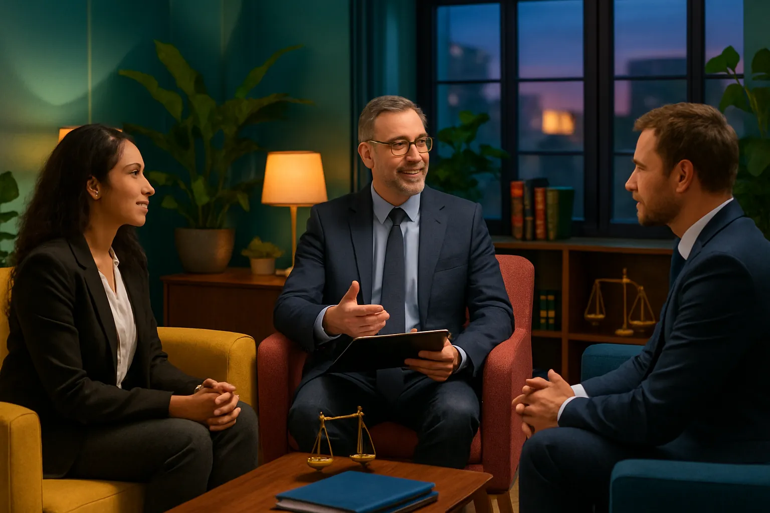 Drei Menschen sprechen sich in einem Wohnzimmer abends an, auf einemPolster mit Lampe, Bücher und Pflanzen im Hintergrund.