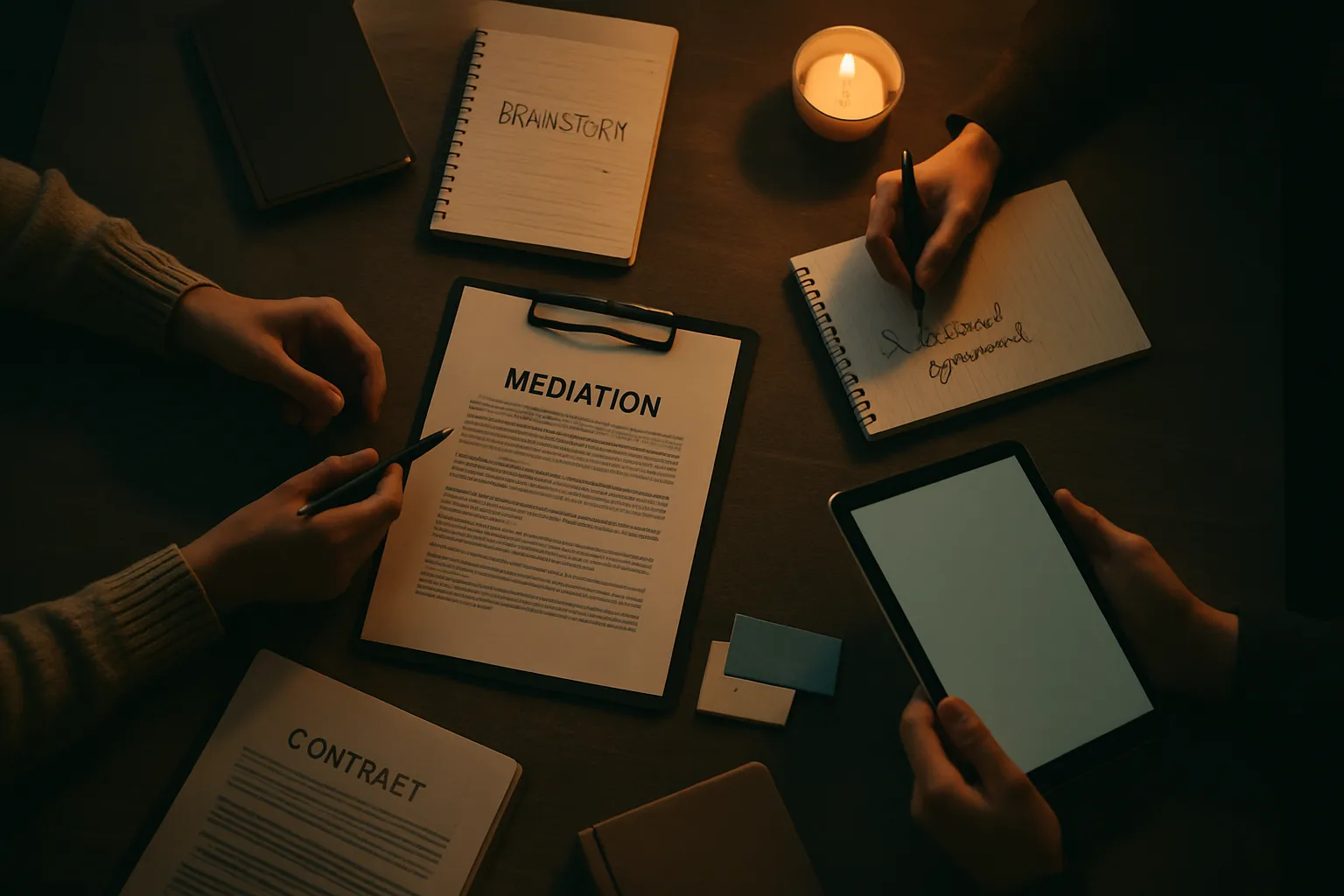 Drei Menschen arbeiten bei Dämmerlicht an einem runden Tisch. Es gibt Dokumente, Notizen, ein Tablet und eine Kerze.