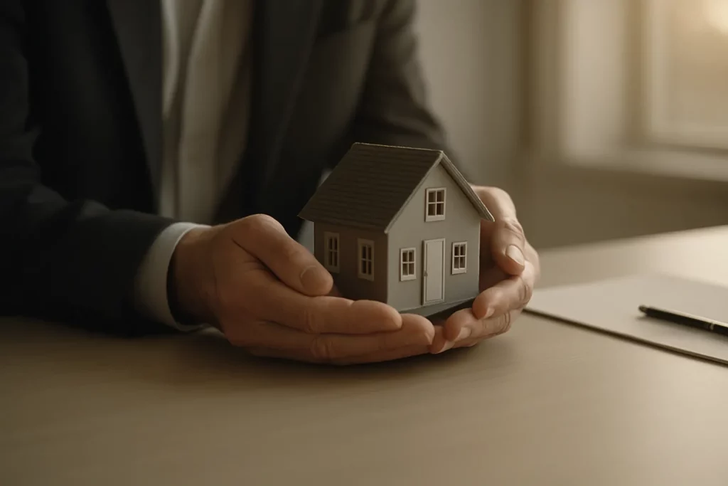 Ein Mann in Anzug hält ein kleines Modellhaus auf dem Tisch bei Tageslicht. Im Hintergrund ist eine Fensterfront zu sehen.
