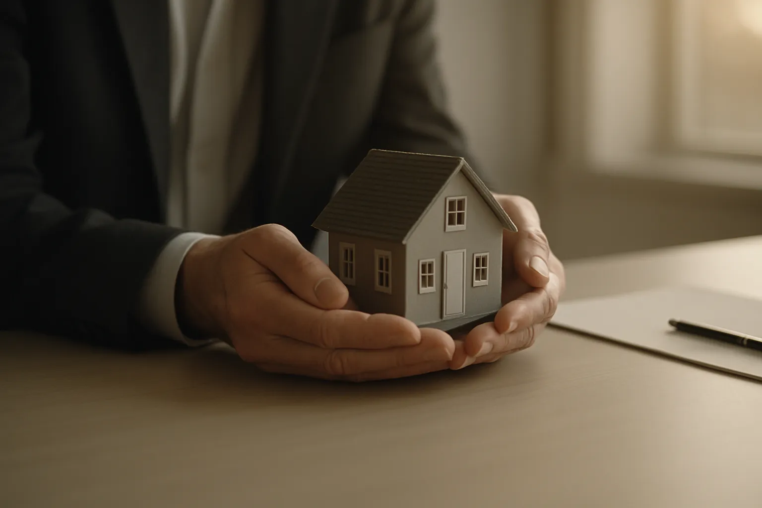 Ein Mann in Anzug hält ein kleines Modellhaus auf dem Tisch bei Tageslicht. Im Hintergrund ist eine Fensterfront zu sehen.