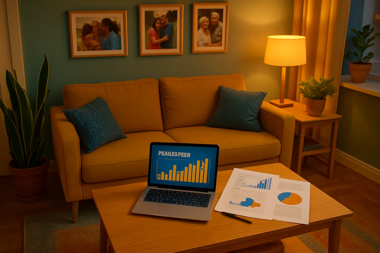 Ein Wohnzimmer mit Couch, Pflanzen, Lampe und Bilder an der Wand. Auf dem Tisch liegen Berichte, ein Laptop zeigt eine Grafik.