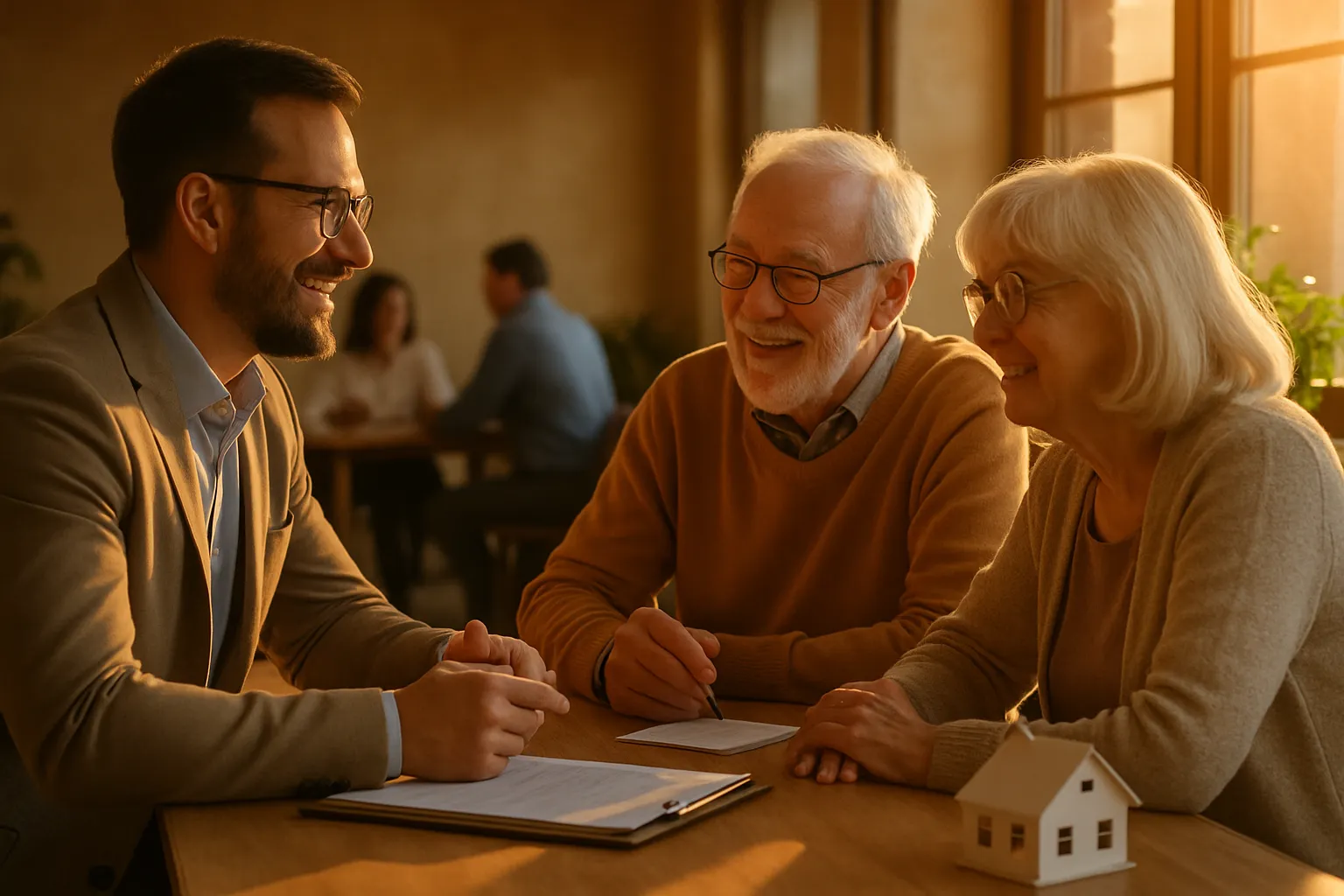 Drei Menschen lachen und sprechen im Café, während sie einen Vertrag auf einem Tisch unterschreiben. Im Vordergrund steht ein kleines Holzhaus.