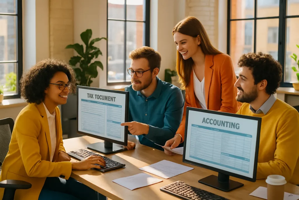 Vier Menschen lachen und arbeiten an einem Tisch im Büro. Zwei Monitore zeigen "TAK TOCUMENT" und "ACCOUNTING". Es gibt Pflanzen im Hintergrund.