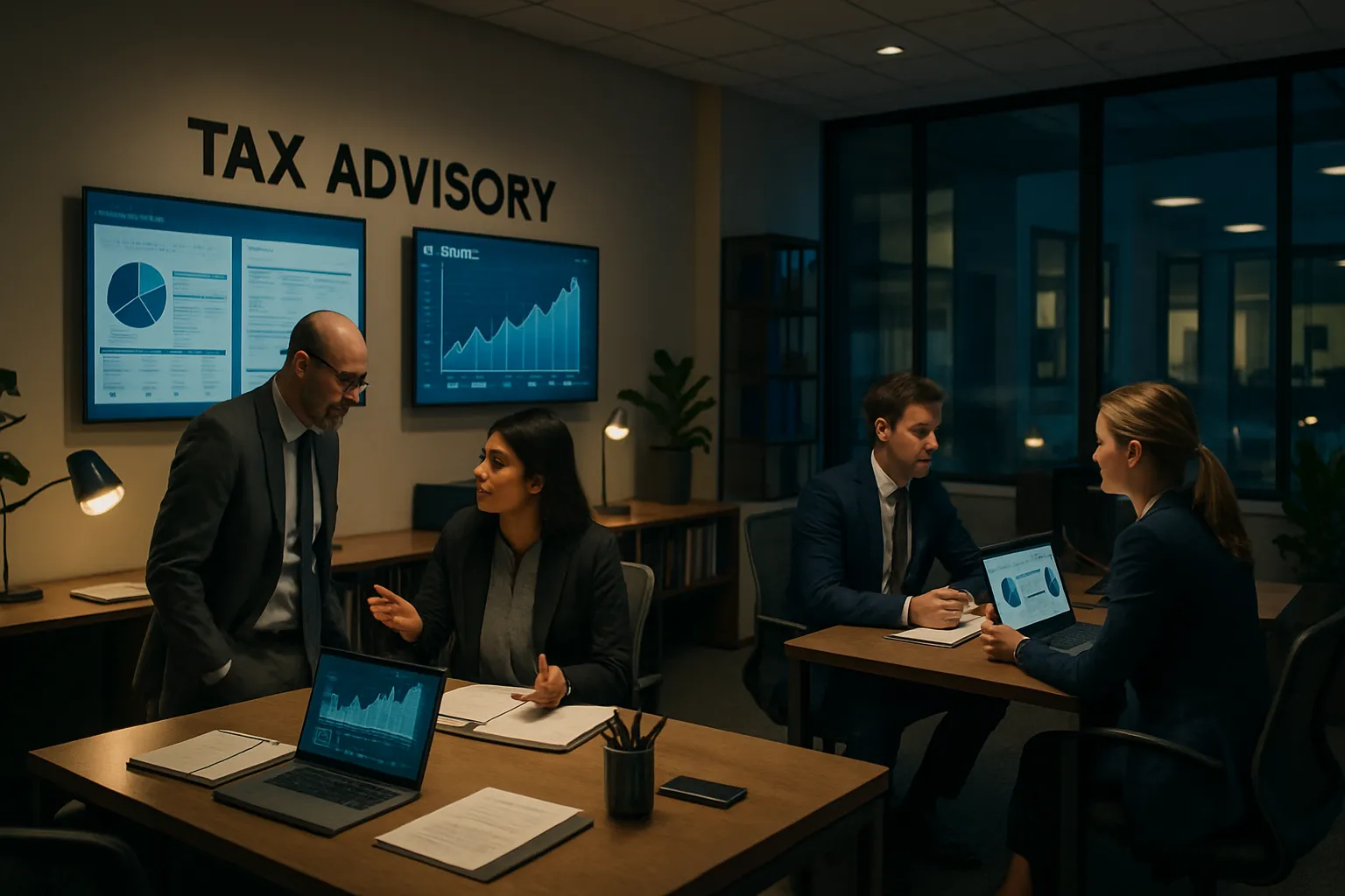 Vier Menschen sprechen bei einem Treffen im Büro. Im Hintergrund sind Monitore mit Diagrammen, die "Tax Advisory" anzeigen.