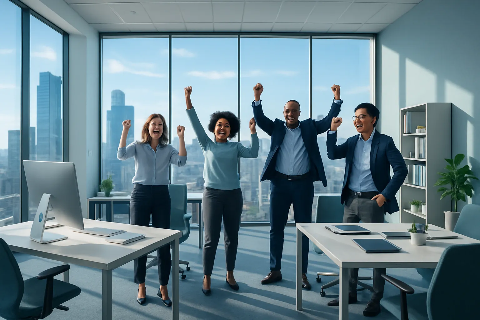 Vier fröhliche Menschen feiern in einem modernen Büro mit großen Fenstern, Schreibtischen, Computern und Pflanzen.