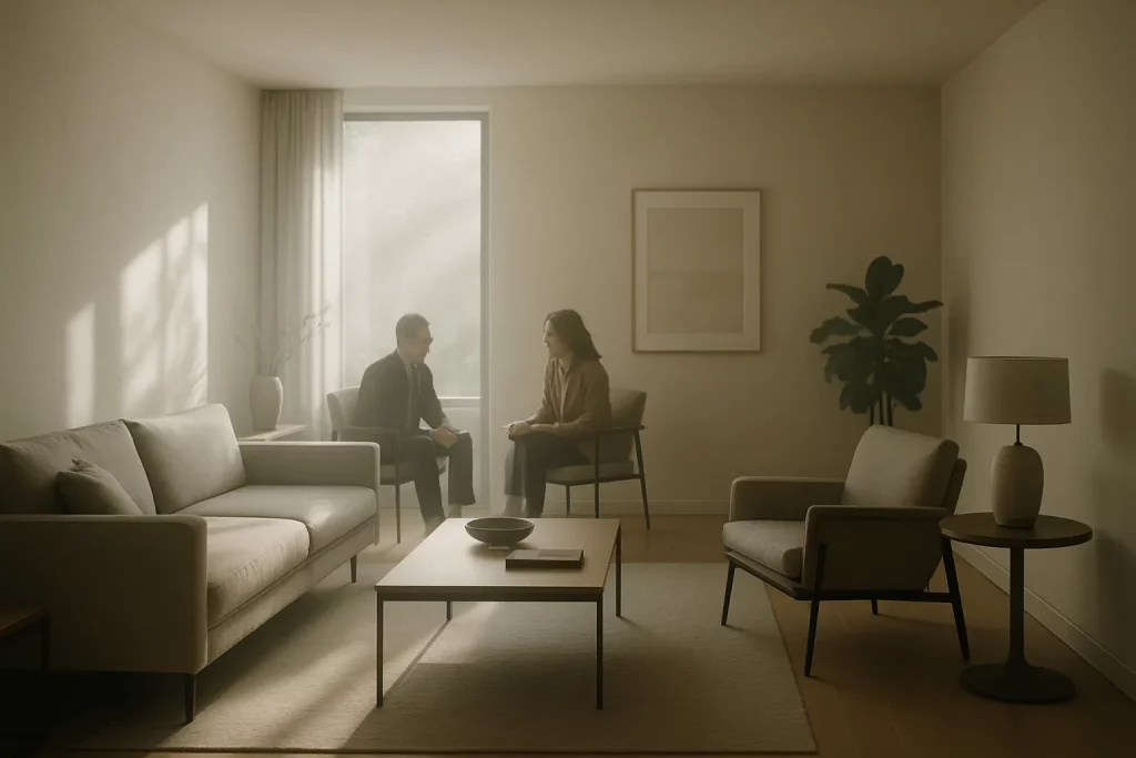 Zwei Personen reden sich in einem hellen, modernen Wohnzimmer sitzend gegenübersitzend. Im Raum stehen ein Sofa, Sessel, Lampe und Pflanze.