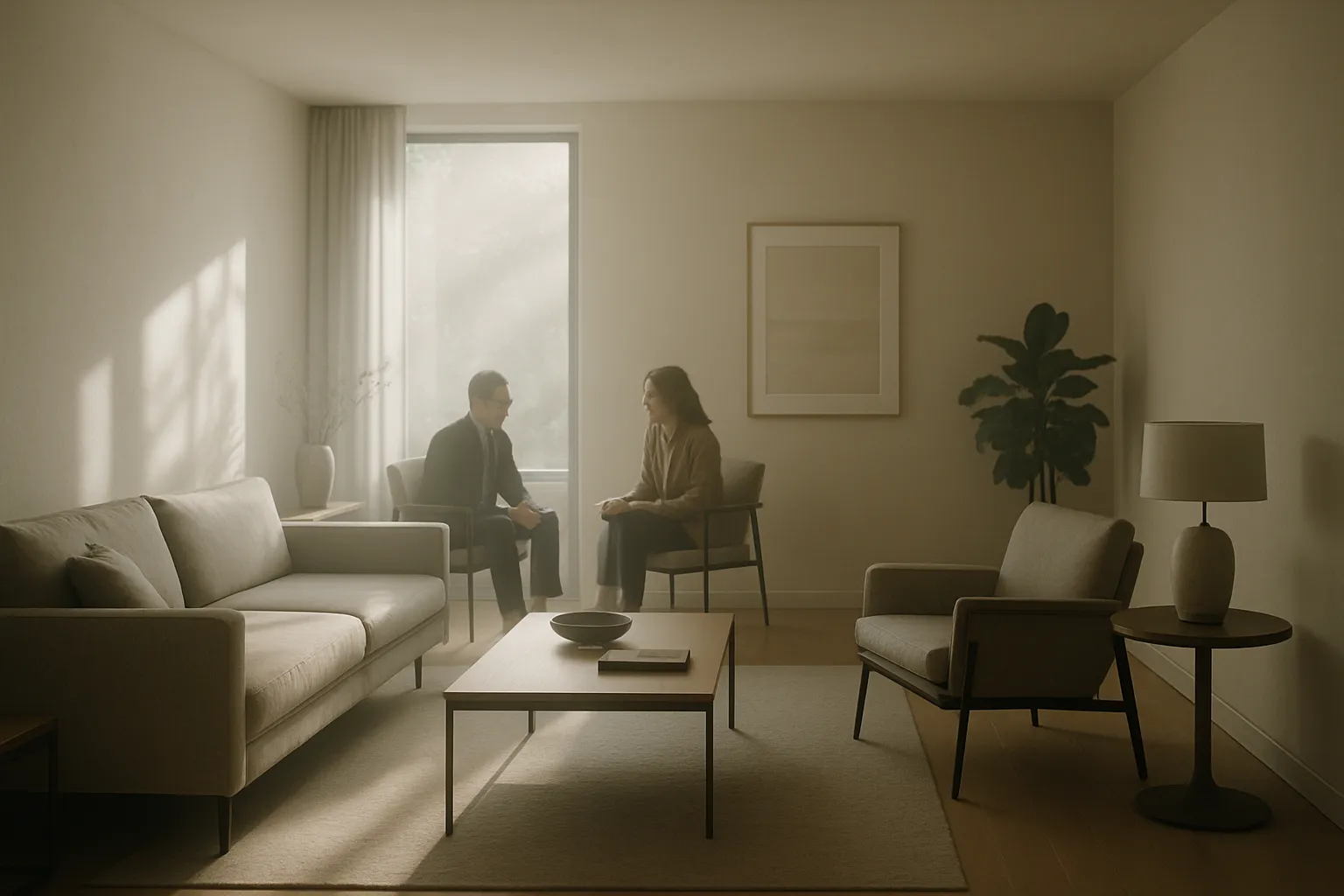 Zwei Personen reden sich in einem hellen, modernen Wohnzimmer sitzend gegenübersitzend. Im Raum stehen ein Sofa, Sessel, Lampe und Pflanze.