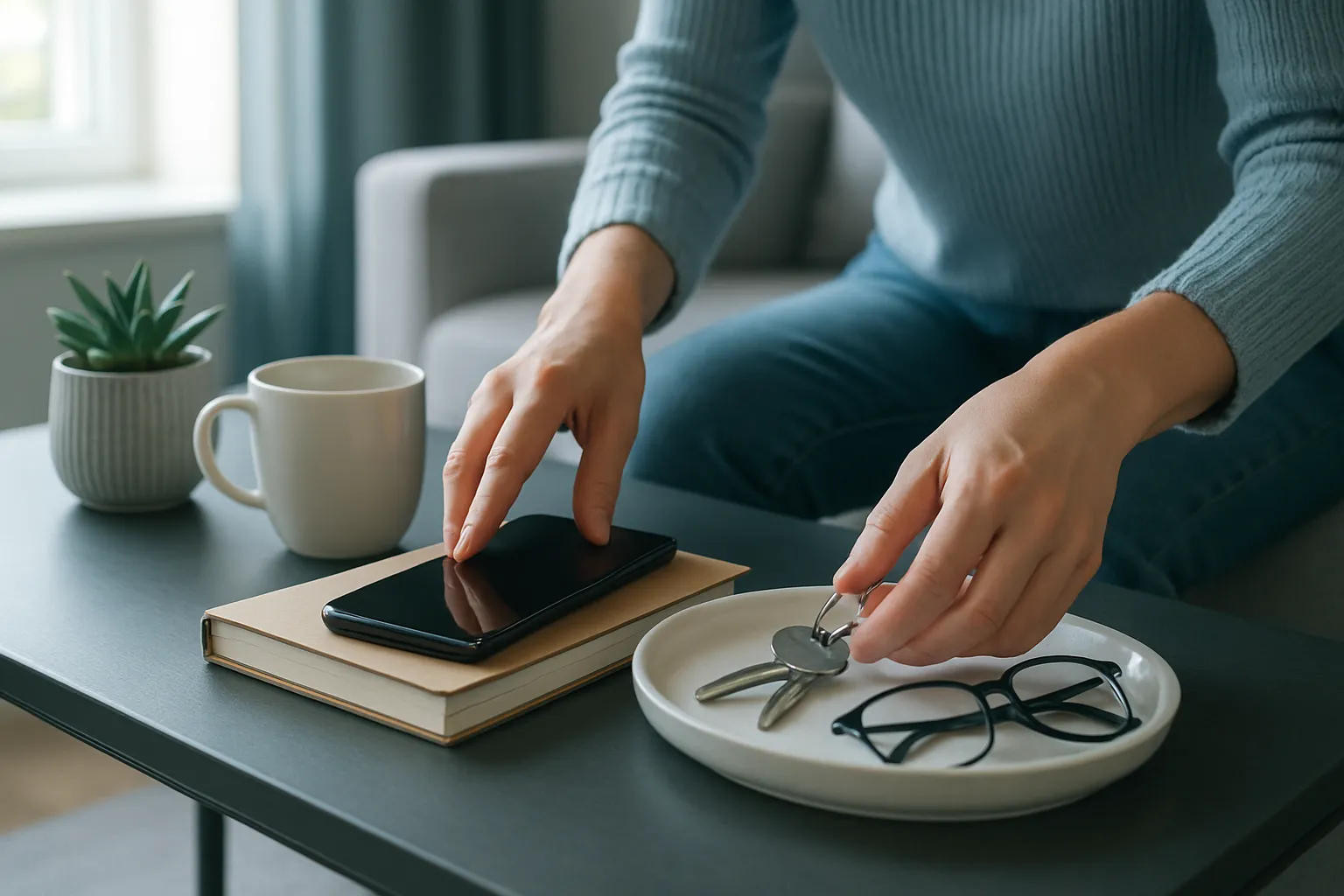 Eine Person legt Brille und Schlüssel auf einen Teller auf einem Tisch mit Buch, Smartphone, Kaffeetasse und Topfpflanze im Wohnzimmer.