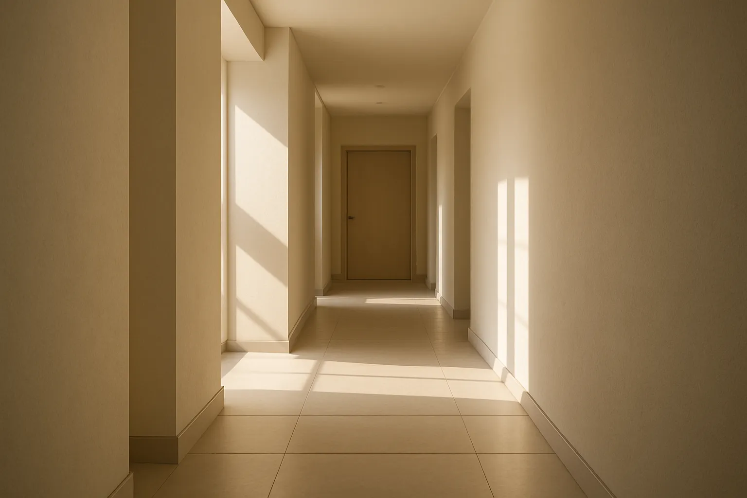 Hell erleuchtete Flur mit weißen Wänden und großen Fliesen, Sonnenlicht fällt durch Fenster und wirft Schatten an die Wand. Kein Mensch ist zu sehen.