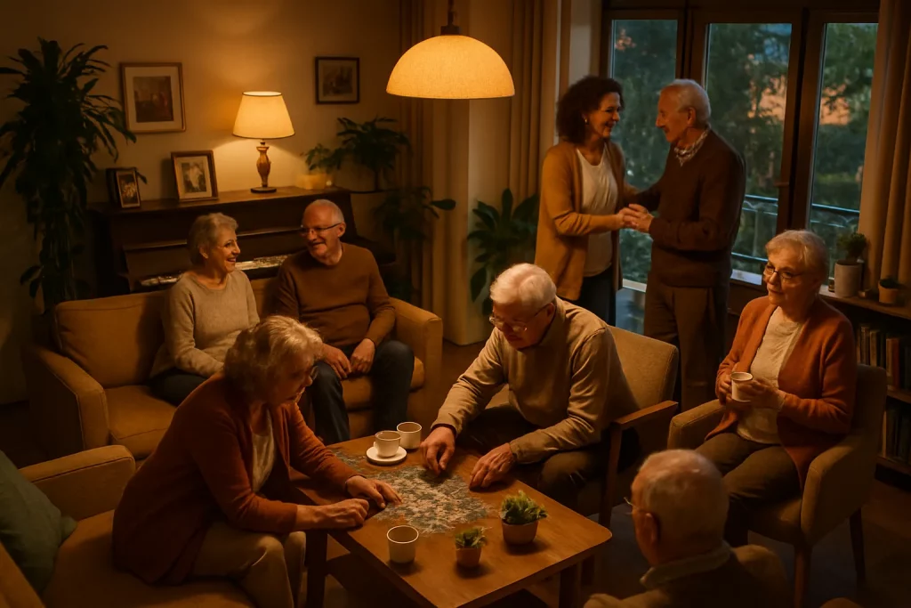 Eine Gruppe älterer Menschen sitzt und steht in einem gemütlichen Wohnzimmer, lachen und unterhalten sich, während es draußen dunkel wird.