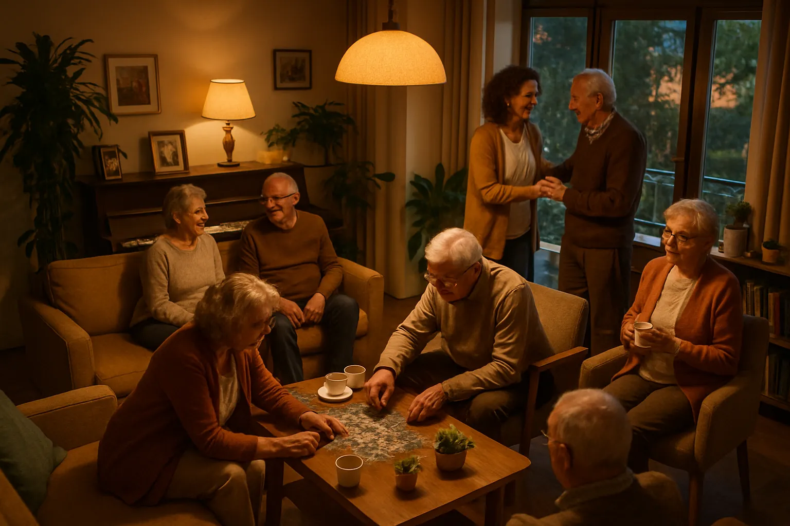 Eine Gruppe älterer Menschen sitzt und steht in einem gemütlichen Wohnzimmer, lachen und unterhalten sich, während es draußen dunkel wird.