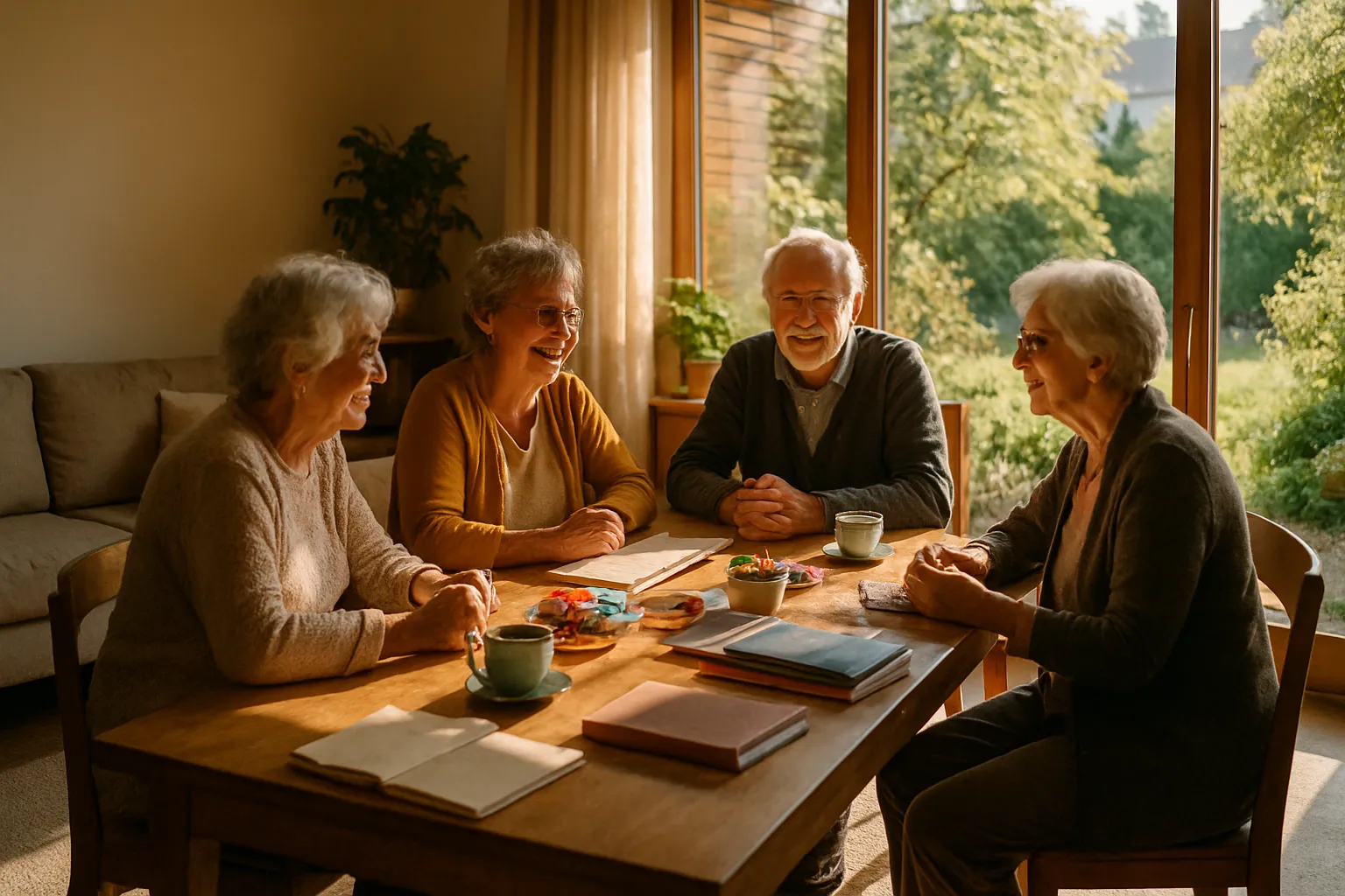 Fünf ältere Menschen sitzen im Wohnzimmer an einem Tisch, lachen und sprechen. Draußen ist es sonnig, durch die Fenster sind Bäume zu sehen.