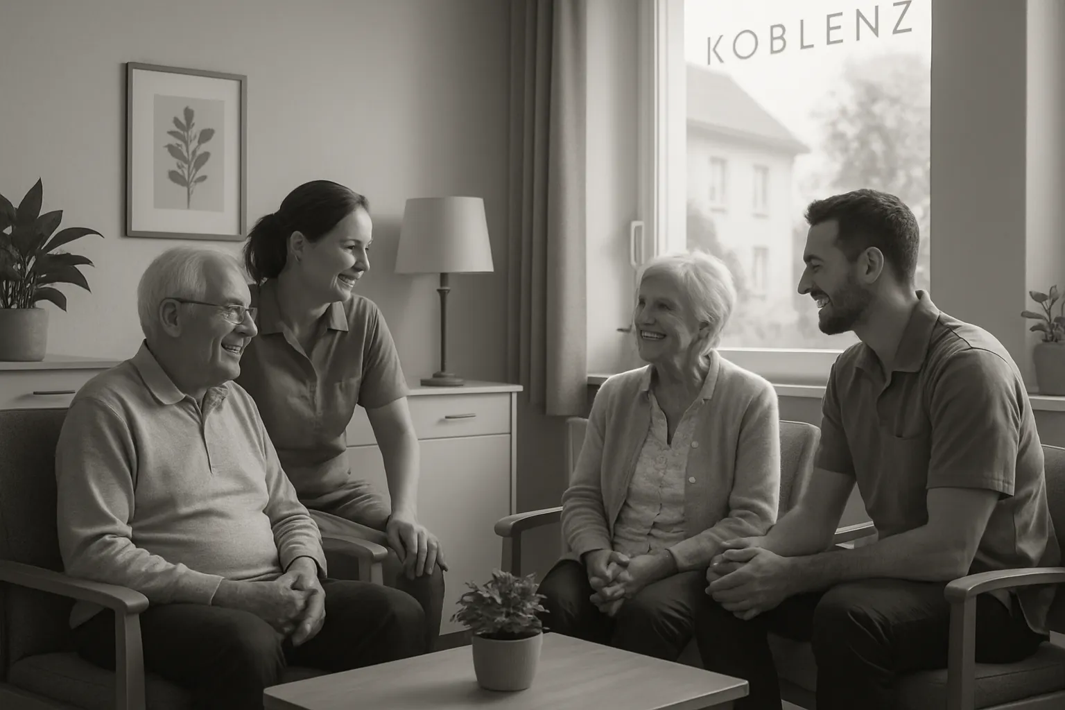 Vier Menschen sitzen im Wohnzimmer, lachen und sprechen. Ältere Frau, ältere Mann, junge Frau und junger Mann, es ist freundlich und warm.