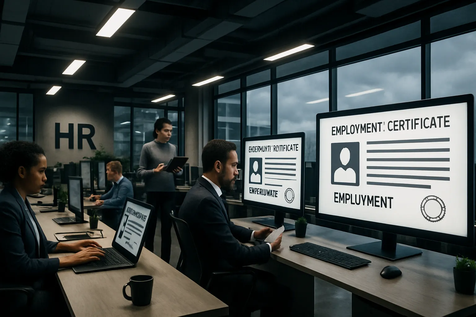 Mehrere Menschen arbeiten in einem modernen Büro. Sie schauen auf Computerbildschirme, auf einem steht "Employment Certificate".