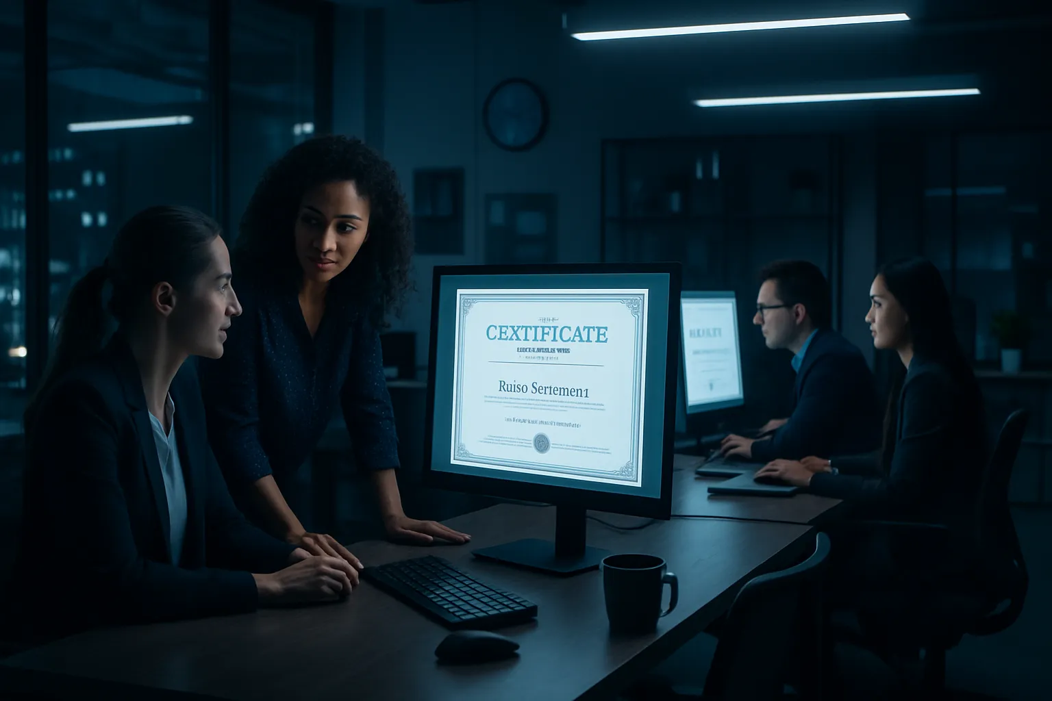 Drei Menschen in einem Büro bei Arbeit, eine Frau steht. Auf dem Bildschirm ist eine Urkunde mit dem Namen „Ruiso Sertemen“.