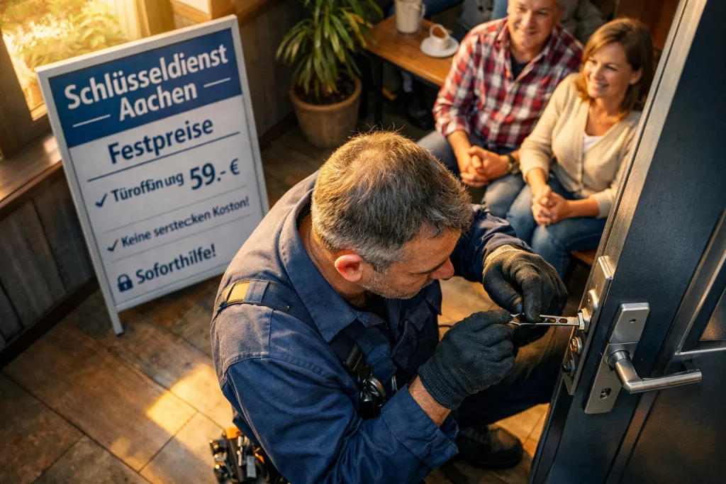 Ein Mann schließt eine Tür ab, während zwei Frauen zuschauen. Es ist ein Sicherheitsdienst in einem Café oder Restaurant.