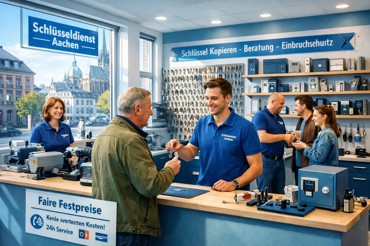 Ein Store mit Kunden und Mitarbeitern, die Schlüssel kopieren und beraten. Blick aufs Stadtzentrum durch große Fenster.
