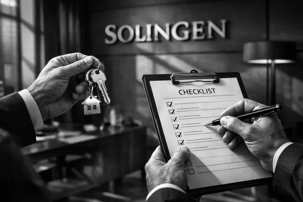 Eine Person hält Hausschuhe an einer Schlüsselkarte, während eine andere Person eine Checkliste auf einem Clipboard unterschreibt, vor einem Schild "Solingen".