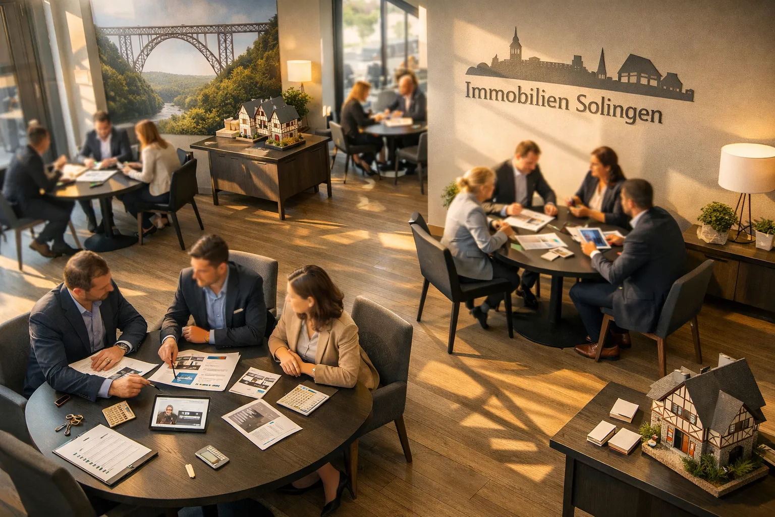 Vier Gruppen von Geschäftsleuten sprechen und arbeiten in einem Büro mit dunklen Tischen, Bildern, Modellhäusern, Pflanzen und einem Firmenlogo an der Wand.